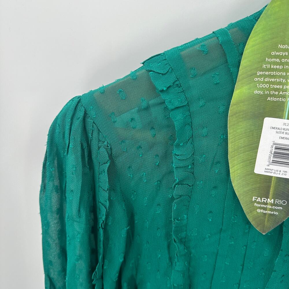 FARM RIO NWT Ruffled Long Sleeve Swiss Dot Blouse in Emerald // M - Picture 11 of 16